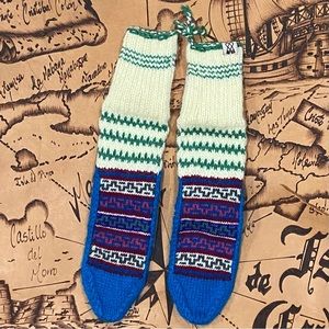 Handmade women wool knitted cream, blue, green slippers. Size S. NWT.